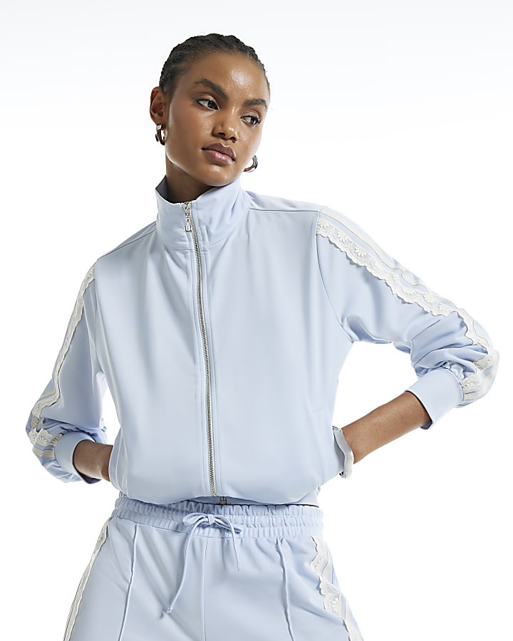Blue Lace Funnel Neck Zip Through Sweatshirt