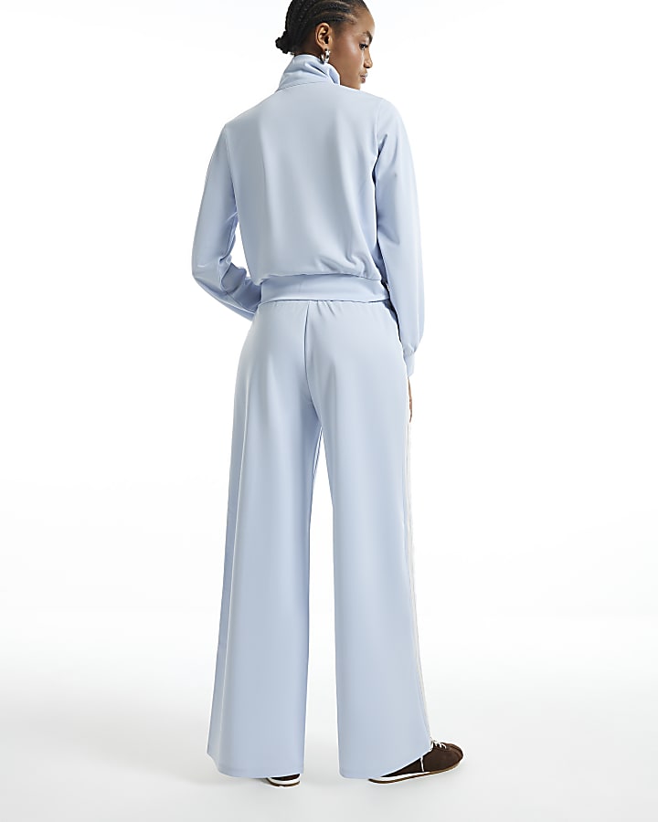Blue Lace Trim Wide Leg Track Joggers