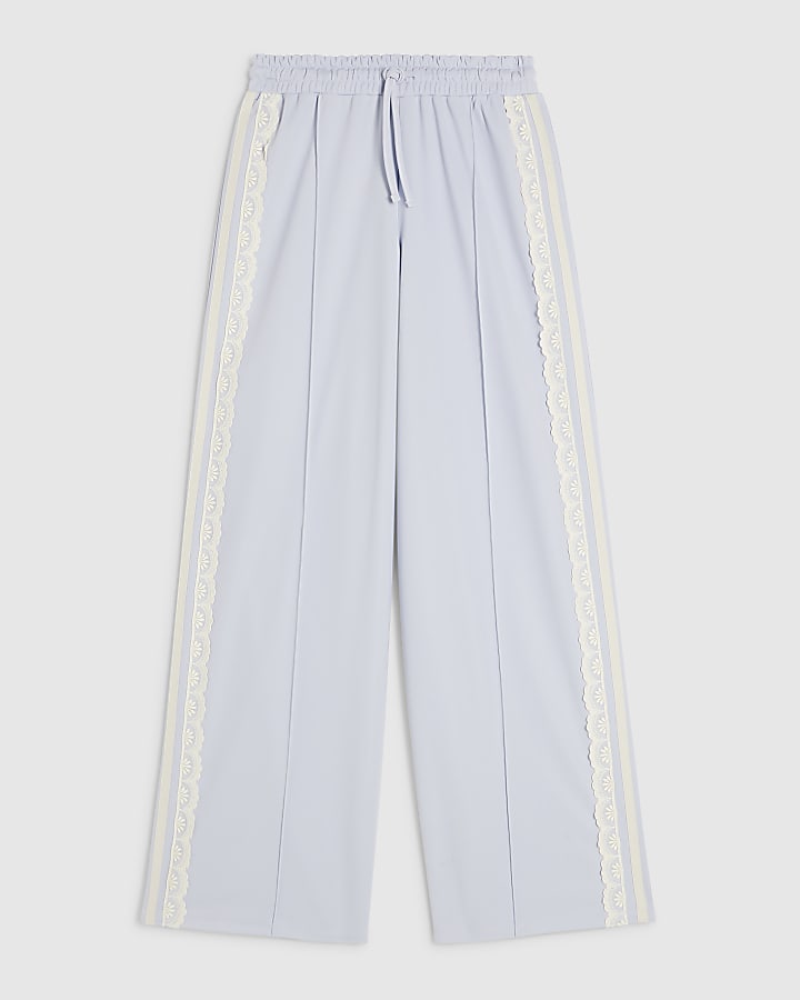 Blue Lace Trim Wide Leg Track Joggers