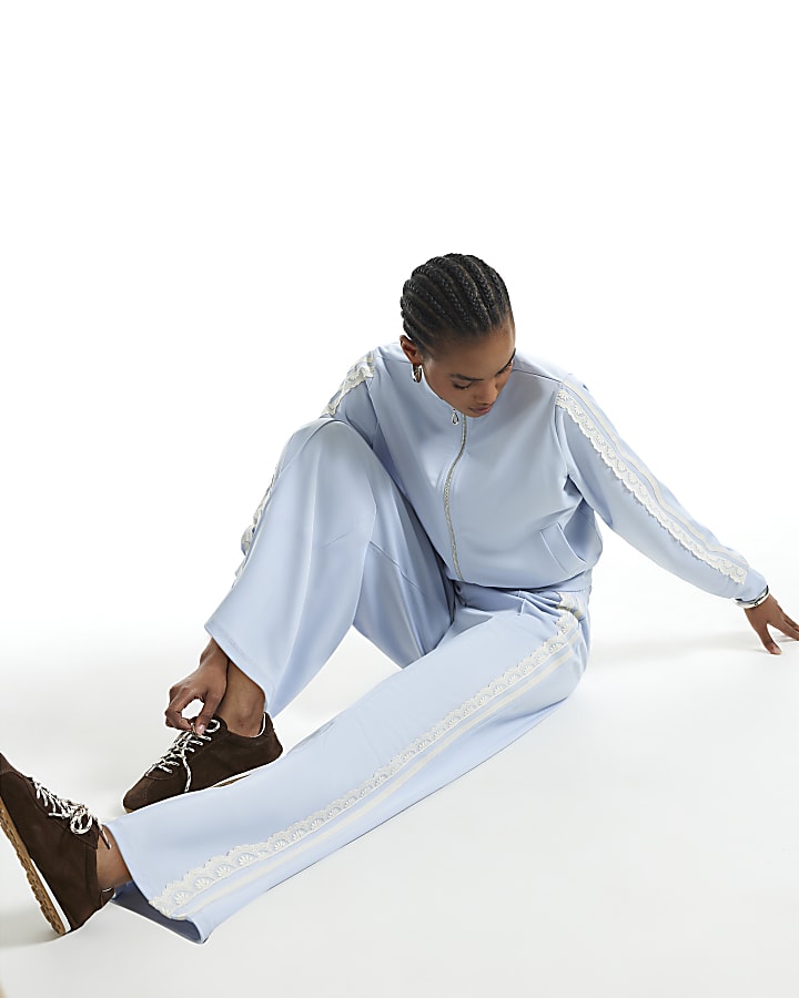 Blue Lace Trim Wide Leg Track Joggers