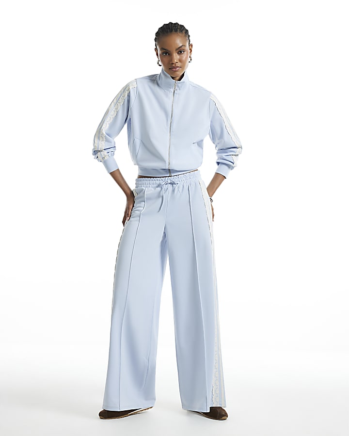 Blue Lace Trim Wide Leg Track Joggers