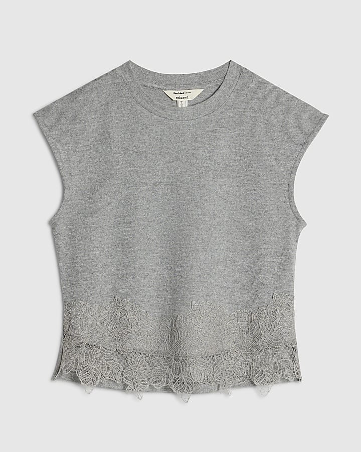 Grey Cosy Lace Hem Tank Top