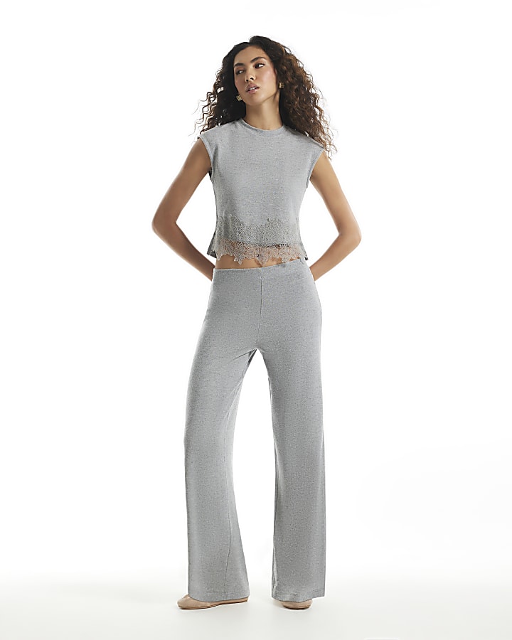 Grey Cosy Lace Hem Tank Top