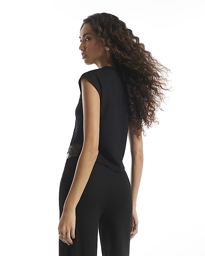 Black Sleeveless Lace Hem Tank Top
