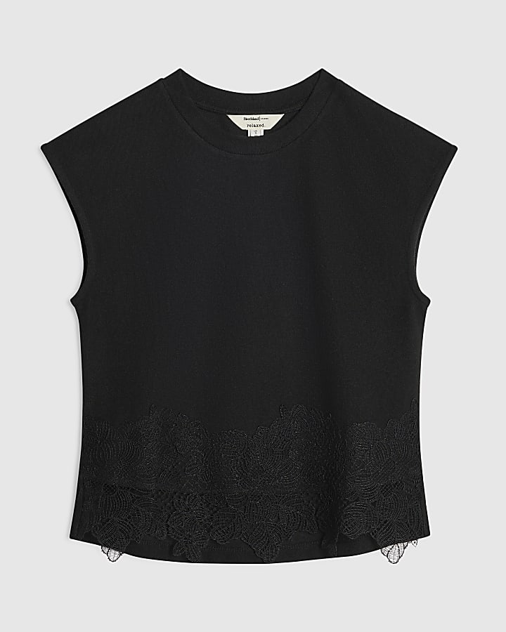 Black Sleeveless Lace Hem Tank Top