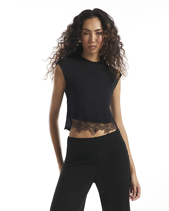 Black Sleeveless Lace Hem Tank Top