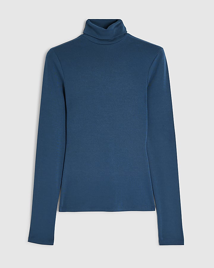 Blue Roll Neck Long Sleeve Top