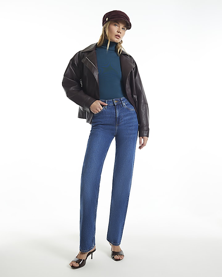 Blue Roll Neck Long Sleeve Top