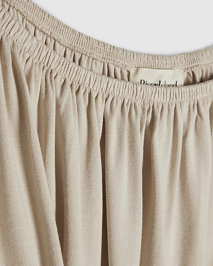 Beige Long Sleeve Ruched Neck Top