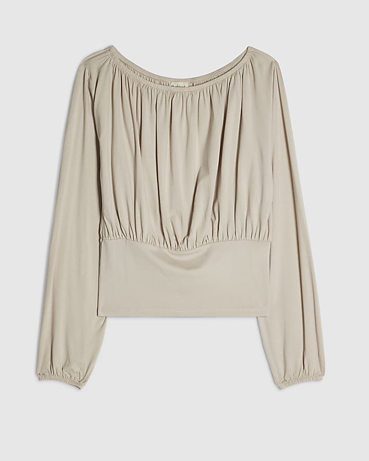 Beige Long Sleeve Ruched Neck Top
