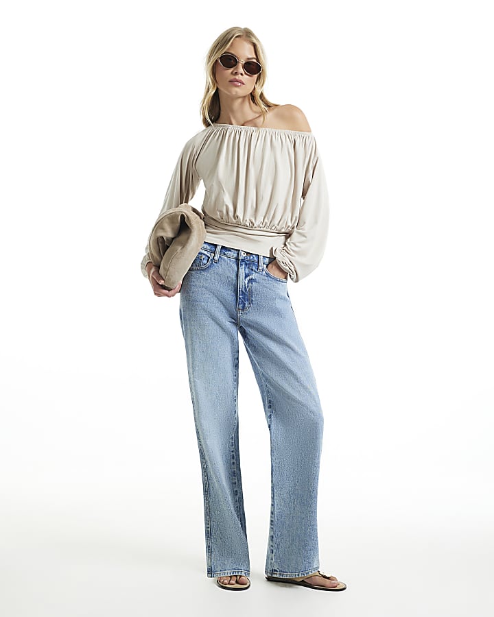 Beige Long Sleeve Ruched Neck Top