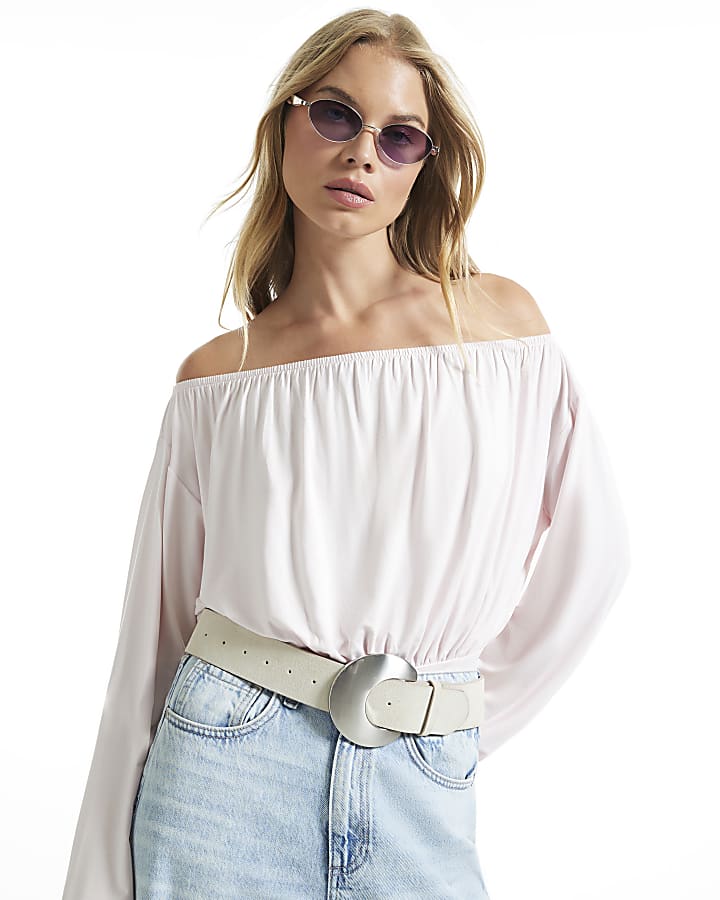 Pink Ruched Bandeau Long Sleeve Top