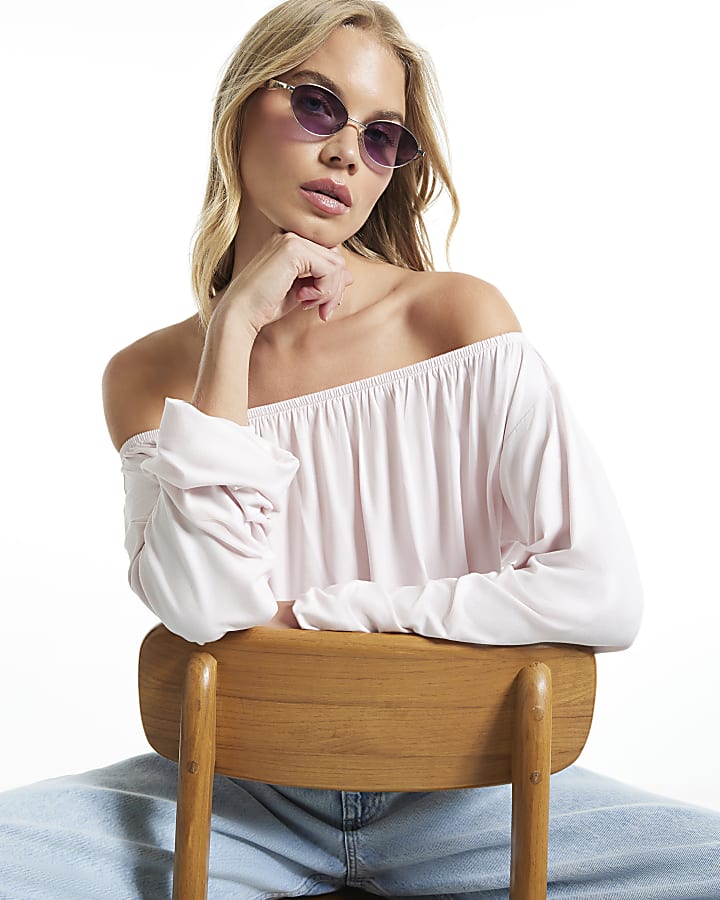 Pink Ruched Bandeau Long Sleeve Top