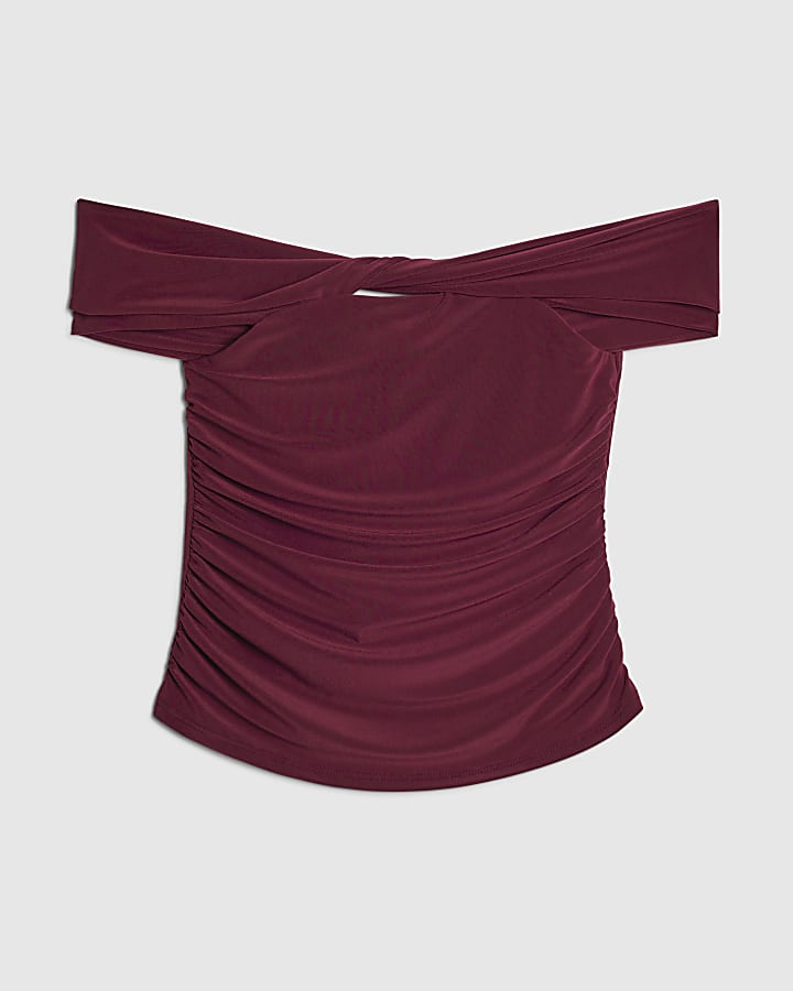 Red Twist Front Bardot Top