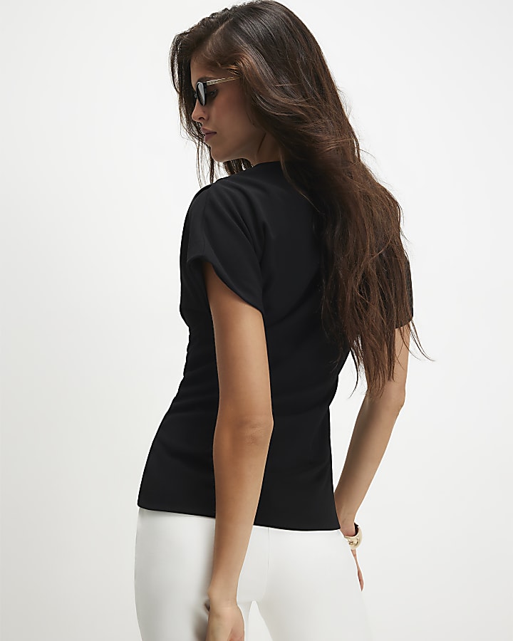 Black Pleat Shoulder Button Front Top