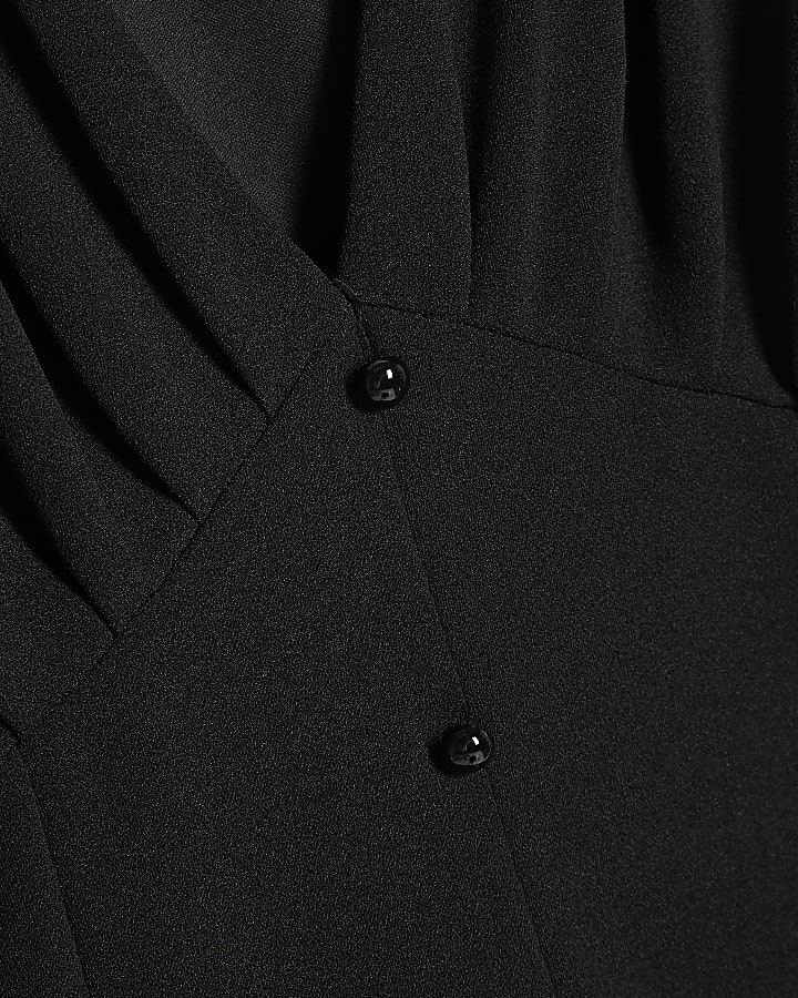Black Pleat Shoulder Button Front Top