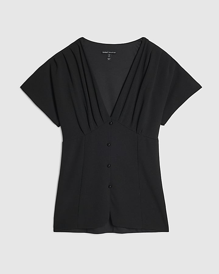 Black Pleat Shoulder Button Front Top