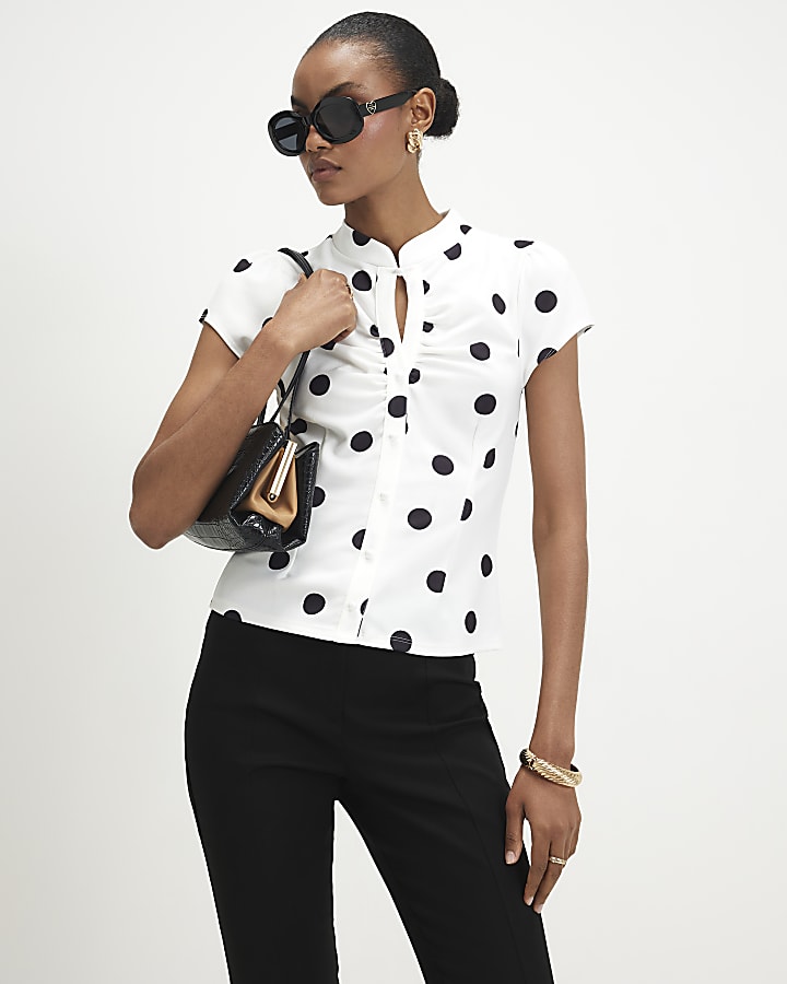 White Polka Dot Keyhole Top