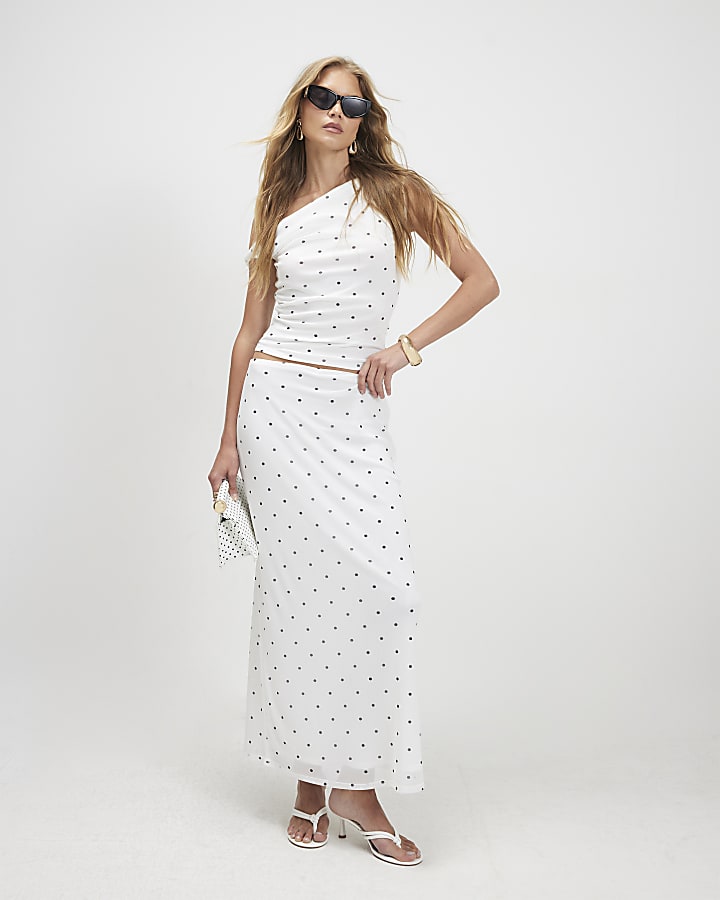 White Off Shoulder Spot Mesh Top