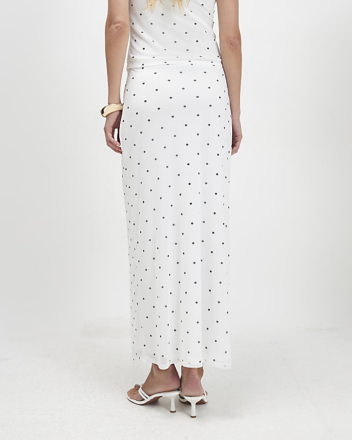 White Spot Print Mesh Maxi Skirt