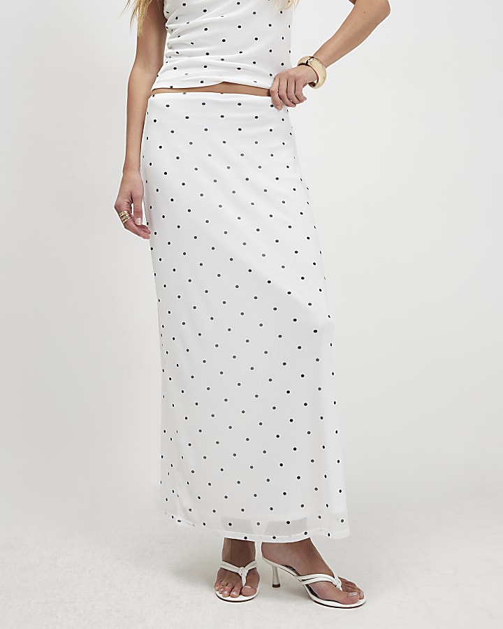White Spot Print Mesh Maxi Skirt