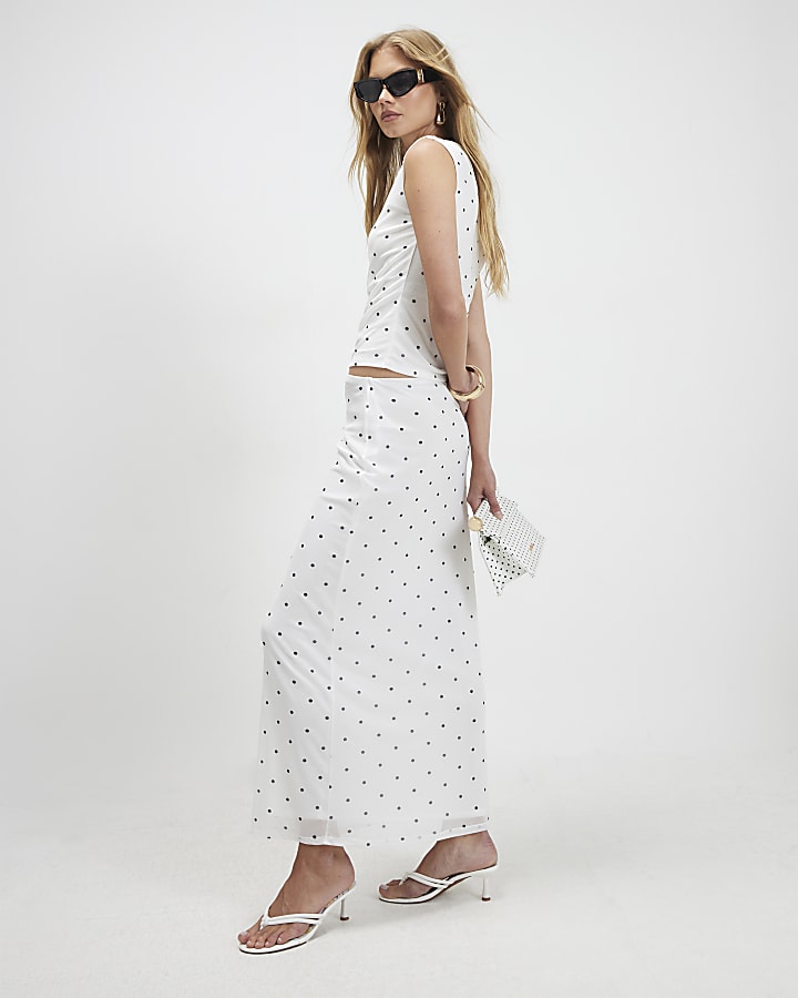 White Spot Print Mesh Maxi Skirt