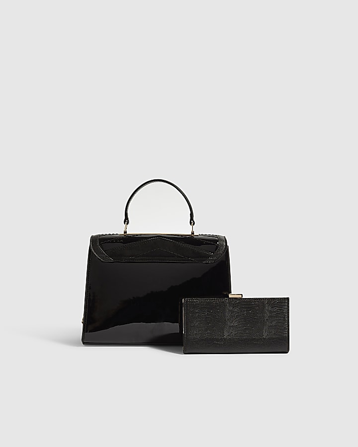 Black Faux Leather Panelled Tote Bag Set