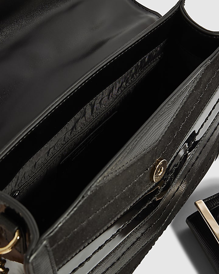 Black Faux Leather Panelled Tote Bag Set