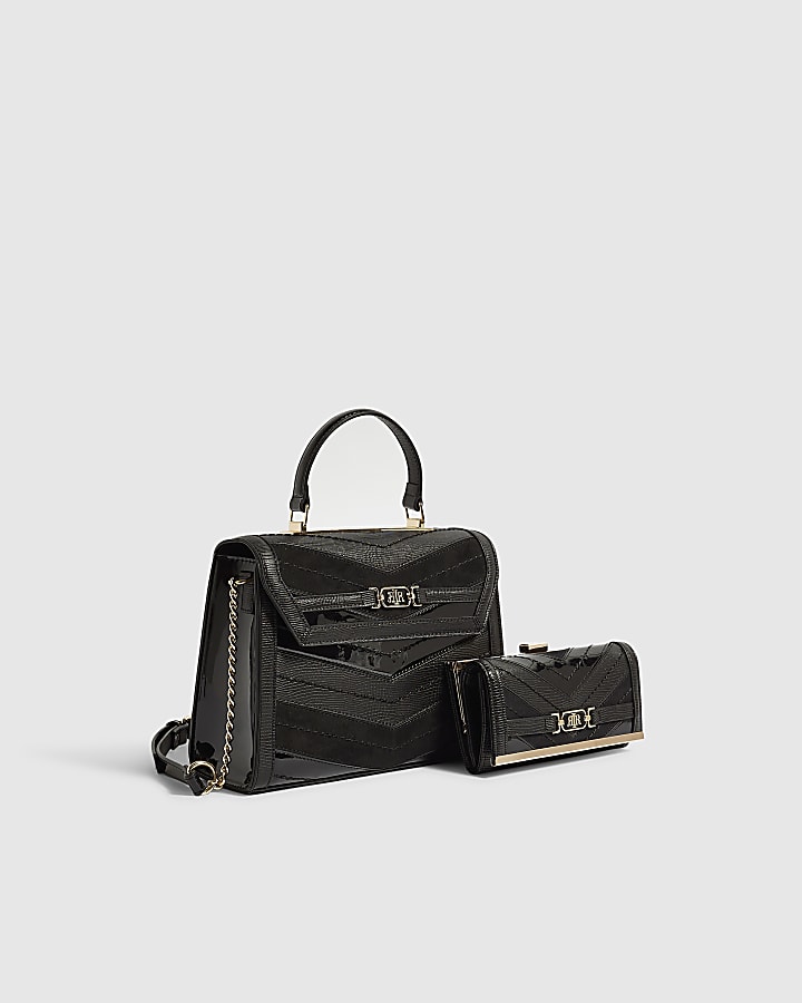 Black Faux Leather Panelled Tote Bag Set