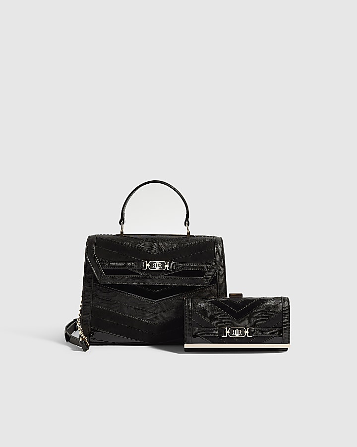 Black Faux Leather Panelled Tote Bag Set