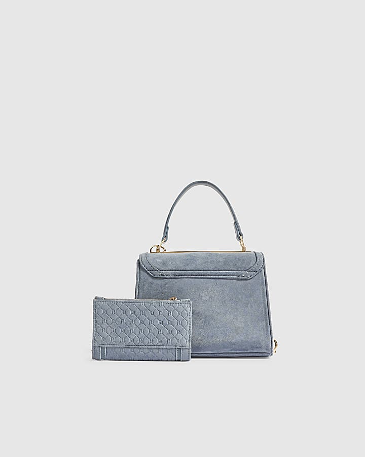 Blue Faux Suede Tote Crossbody Bag Bundle