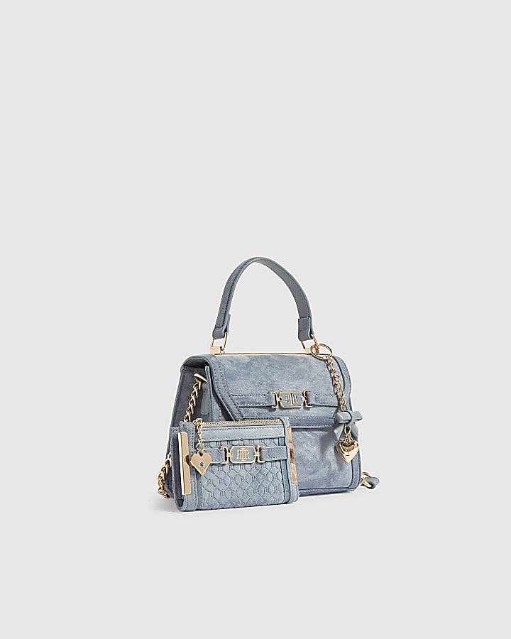 Blue Faux Suede Tote Crossbody Bag Bundle