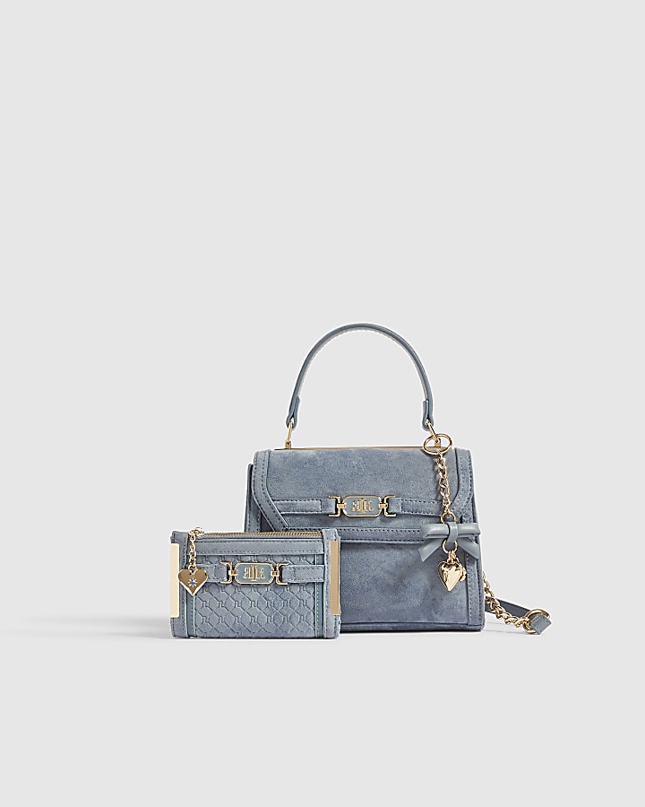 Blue Faux Suede Tote Crossbody Bag Bundle