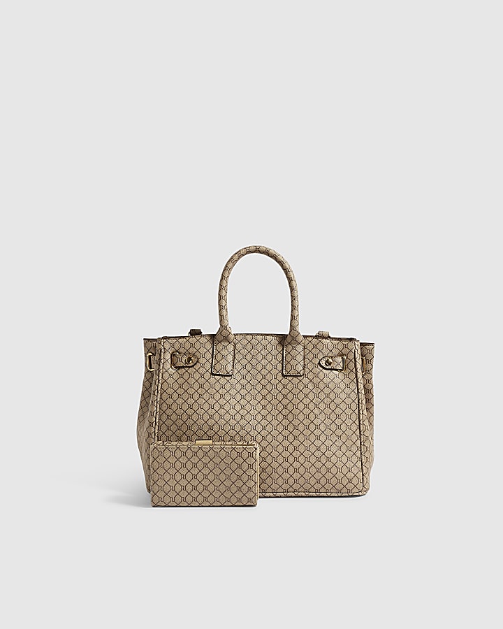Beige Monogram Lock Front Bag Bundle