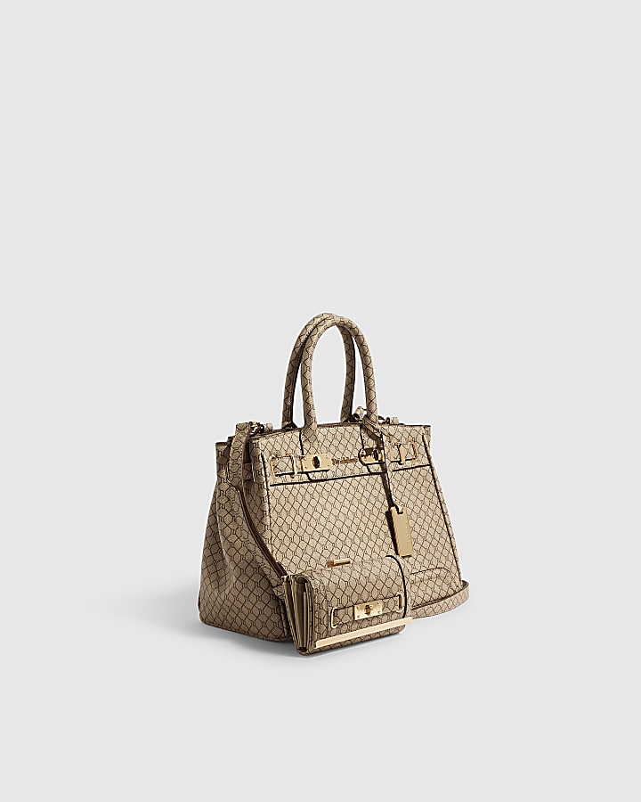 Beige Monogram Lock Front Bag Bundle