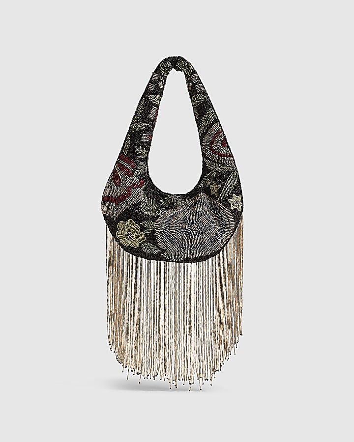 Black Floral Beaded Tassel Clutch Bag