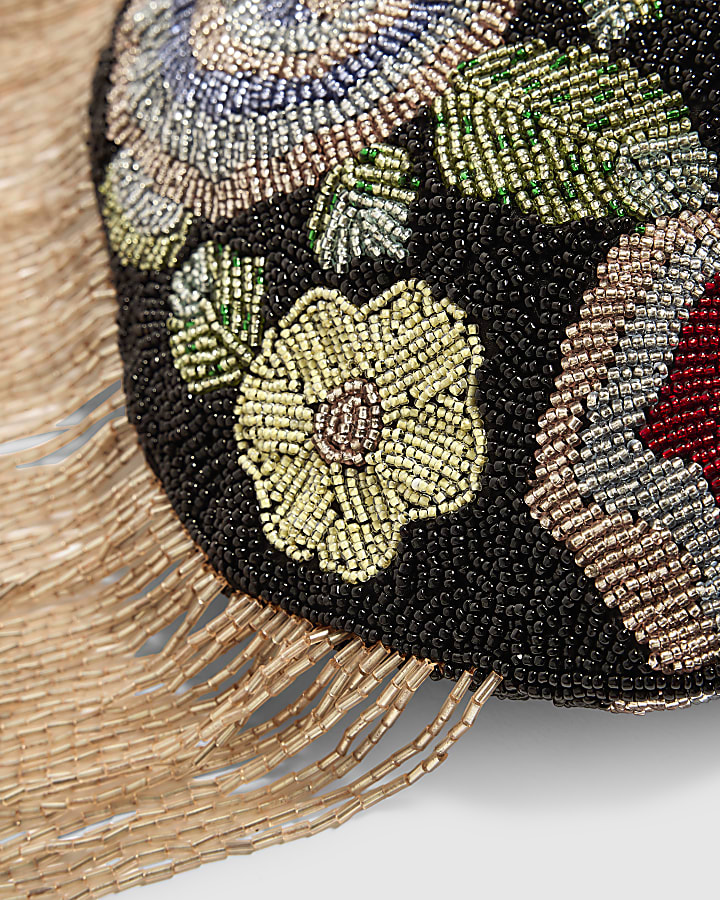 Black Floral Beaded Tassel Clutch Bag
