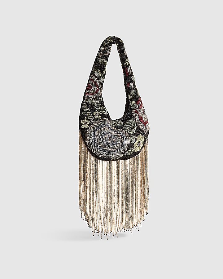 Black Floral Beaded Tassel Clutch Bag
