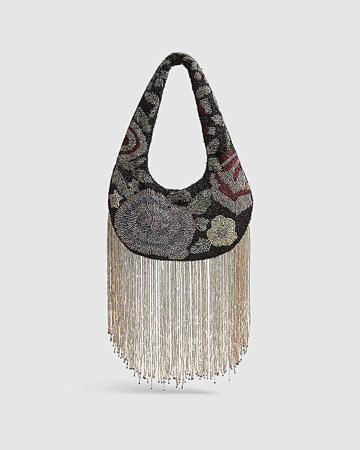 Black Floral Beaded Tassel Clutch Bag