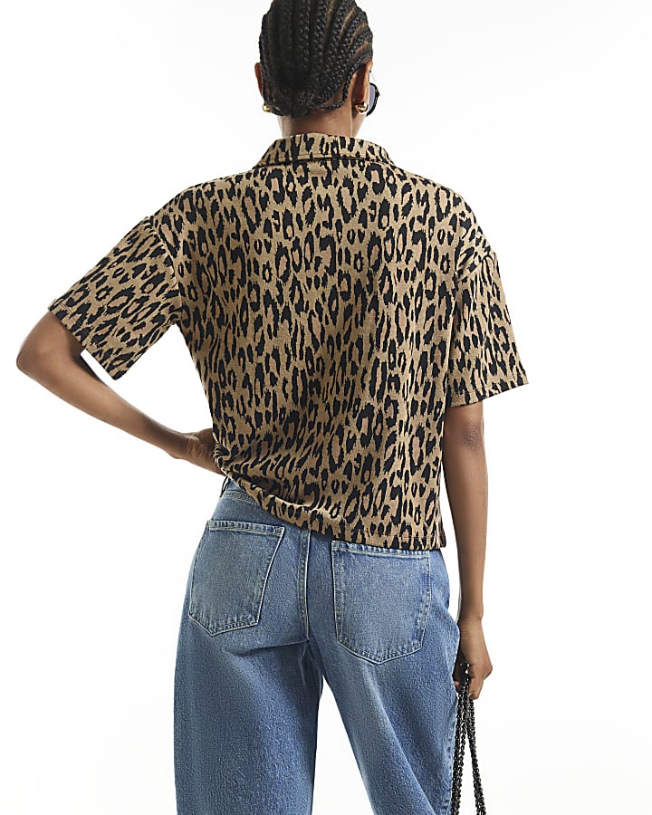 Brown Leopard Print Jacquard Polo Top