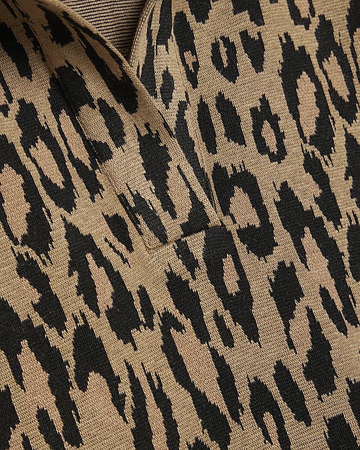 Brown Leopard Print Jacquard Polo Top