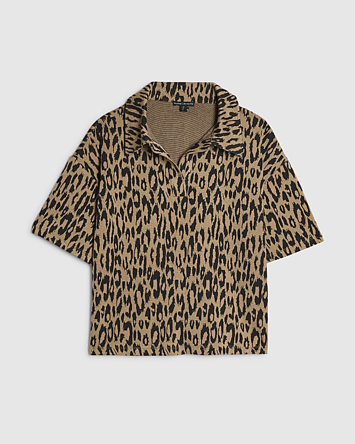 Brown Leopard Print Jacquard Polo Top