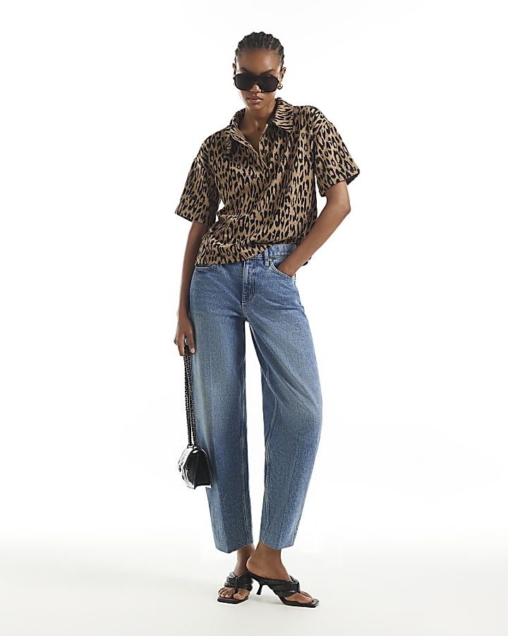 Brown Leopard Print Jacquard Polo Top