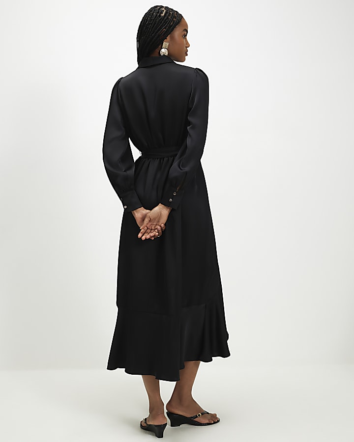Black Satin Wrap Front Midi Dress