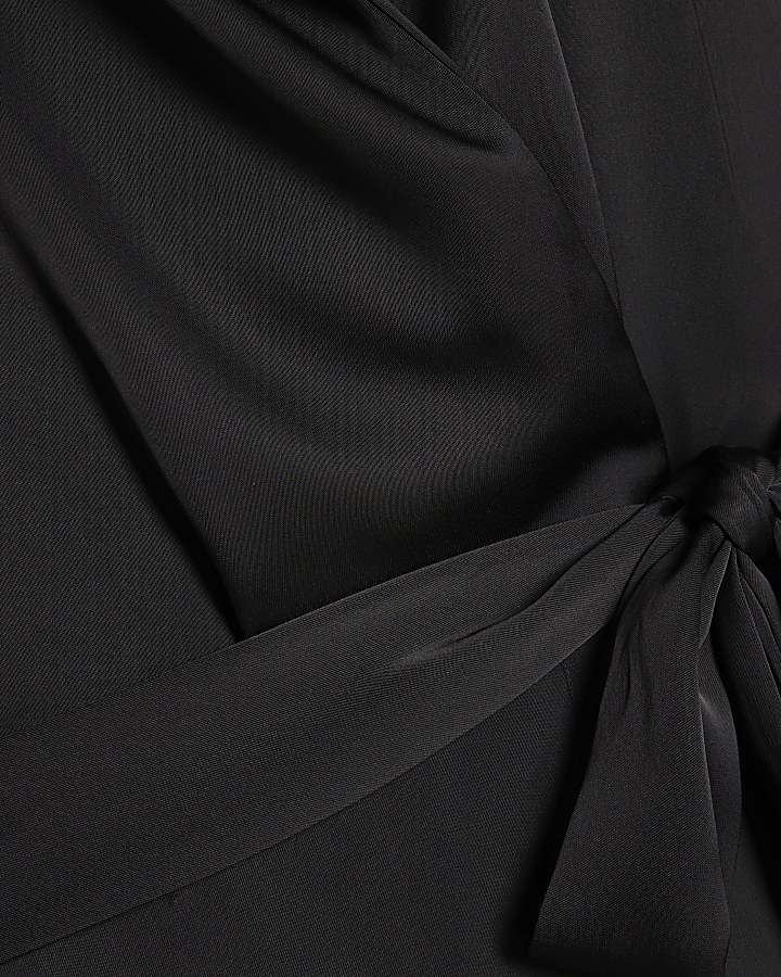 Black Satin Wrap Front Midi Dress