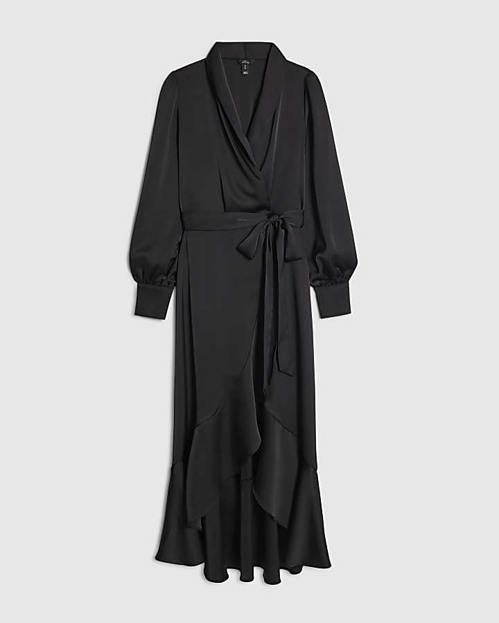 Black Satin Wrap Front Midi Dress