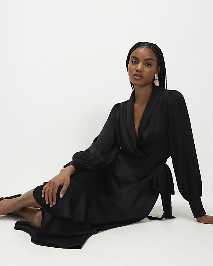 Black Satin Wrap Front Midi Dress