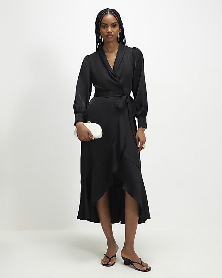 Black Satin Wrap Front Midi Dress