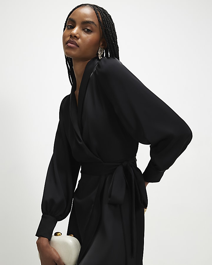 Black Satin Wrap Front Midi Dress