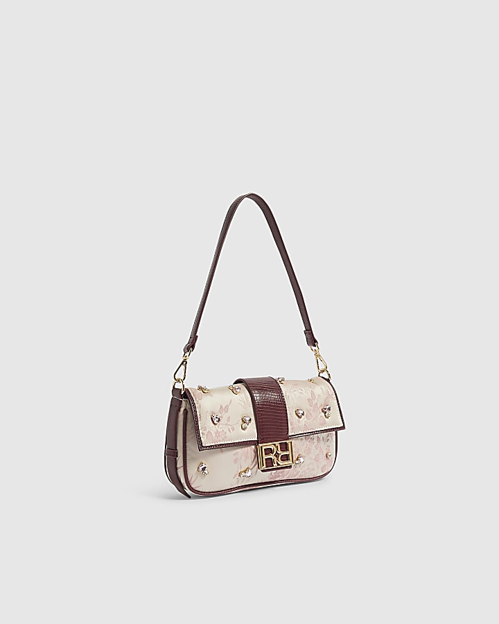 Beige Floral RR Tab Shoulder Bag
